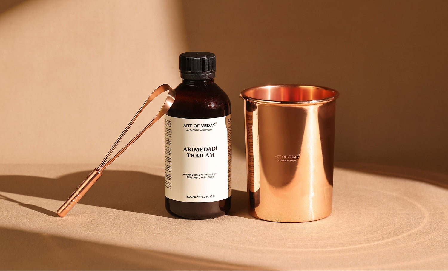 Art of Vedas Ayurveda Oral Care - Arimedadi Thailam Copper Tongue Cleaner and Cup for Complete Ayurvedic Oral Hygiene